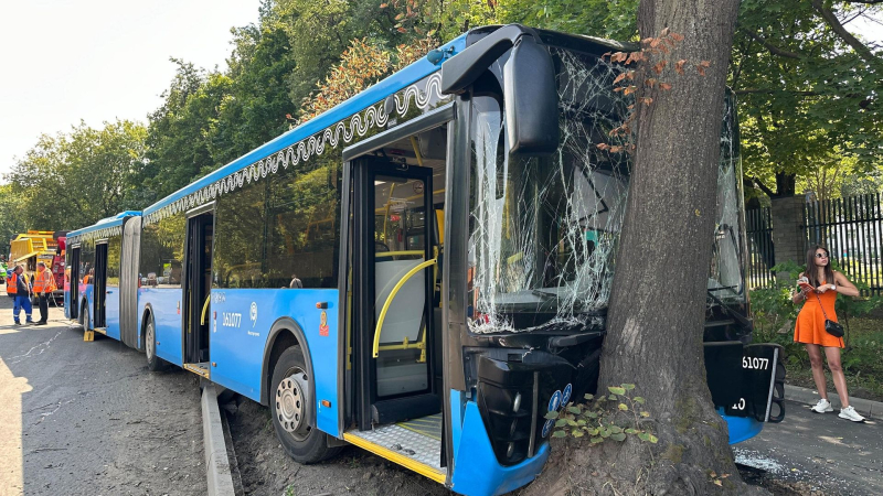 Последствия столкновения автобуса с деревом на юге Москвы
